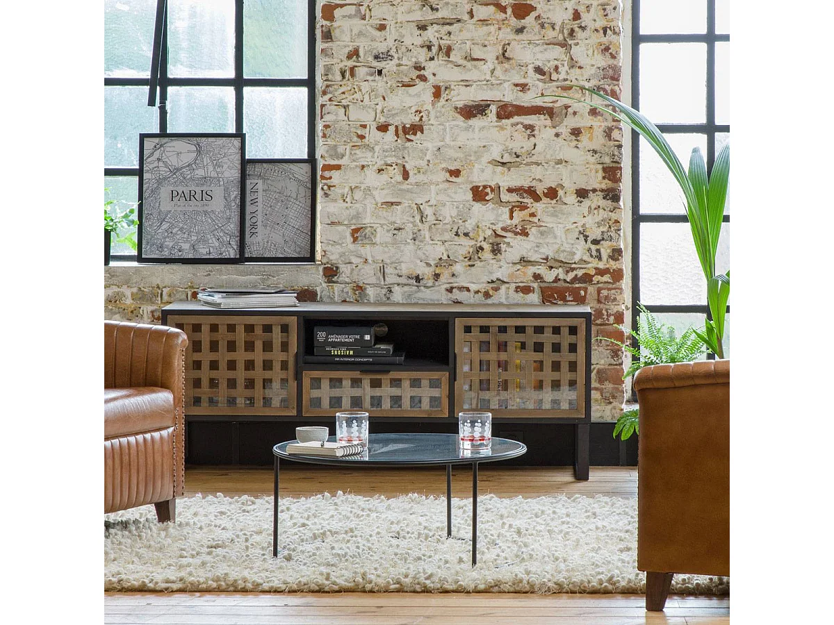 Meuble TV en sapin et métal noir Elise