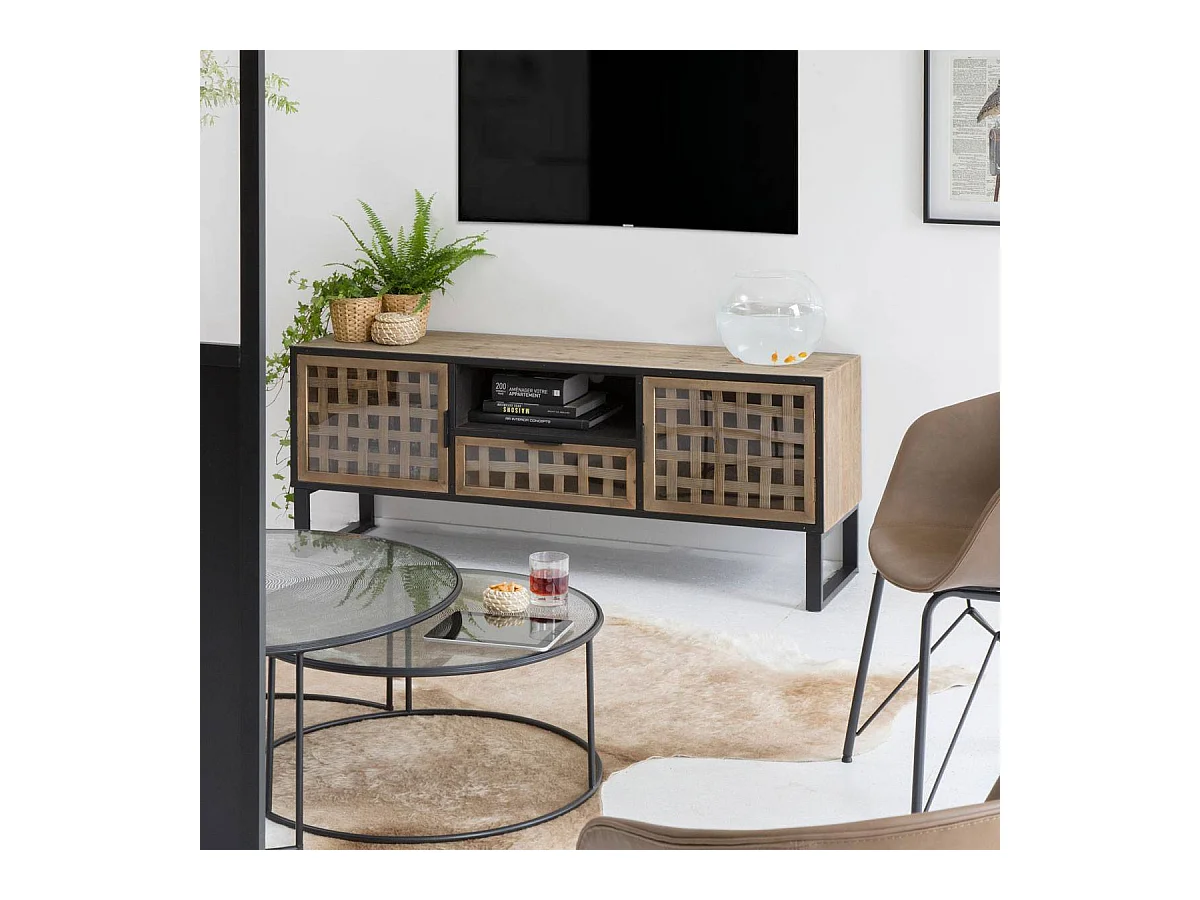 Meuble TV en sapin et métal noir Elise