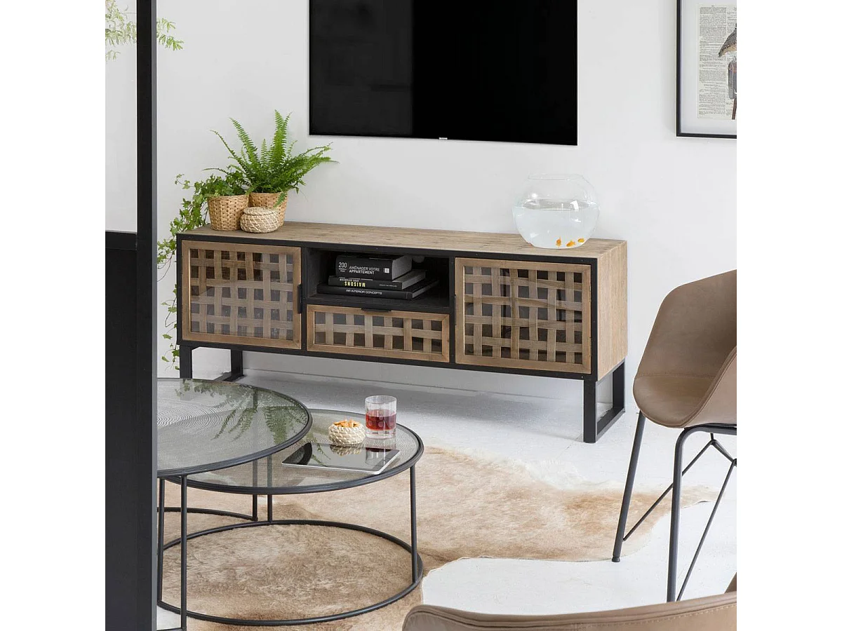 Meuble TV en sapin et métal noir Elise