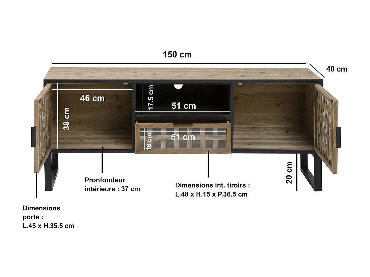 Meuble TV en sapin et métal noir Elise