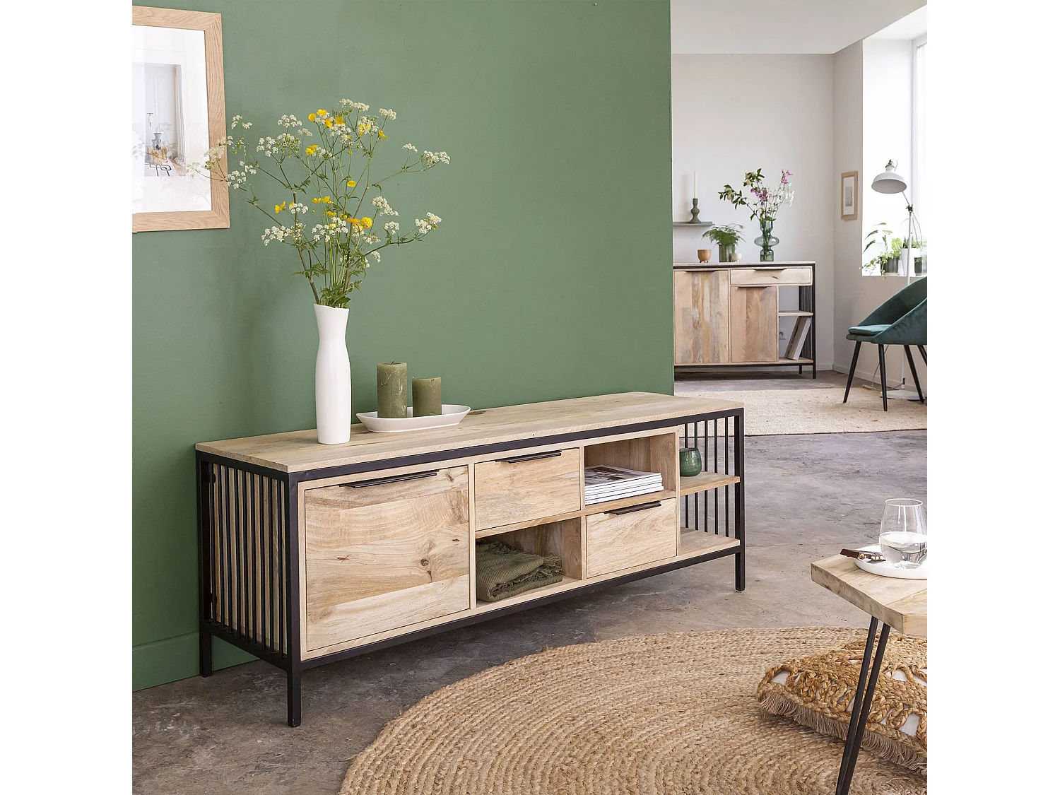 Meuble TV en bois de manguier et métal Héloïse