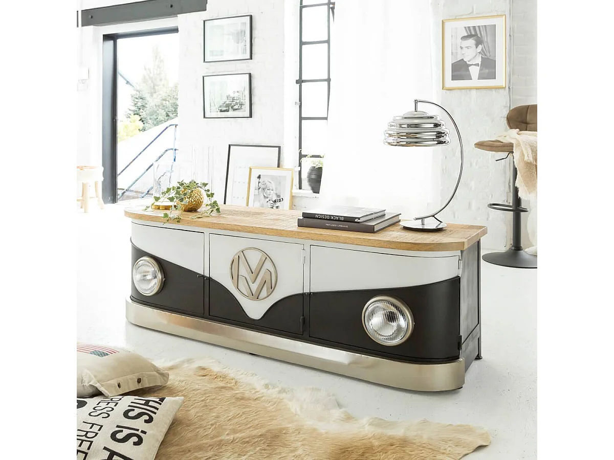 Meuble TV noir avec plateau en bois de manguier Combi