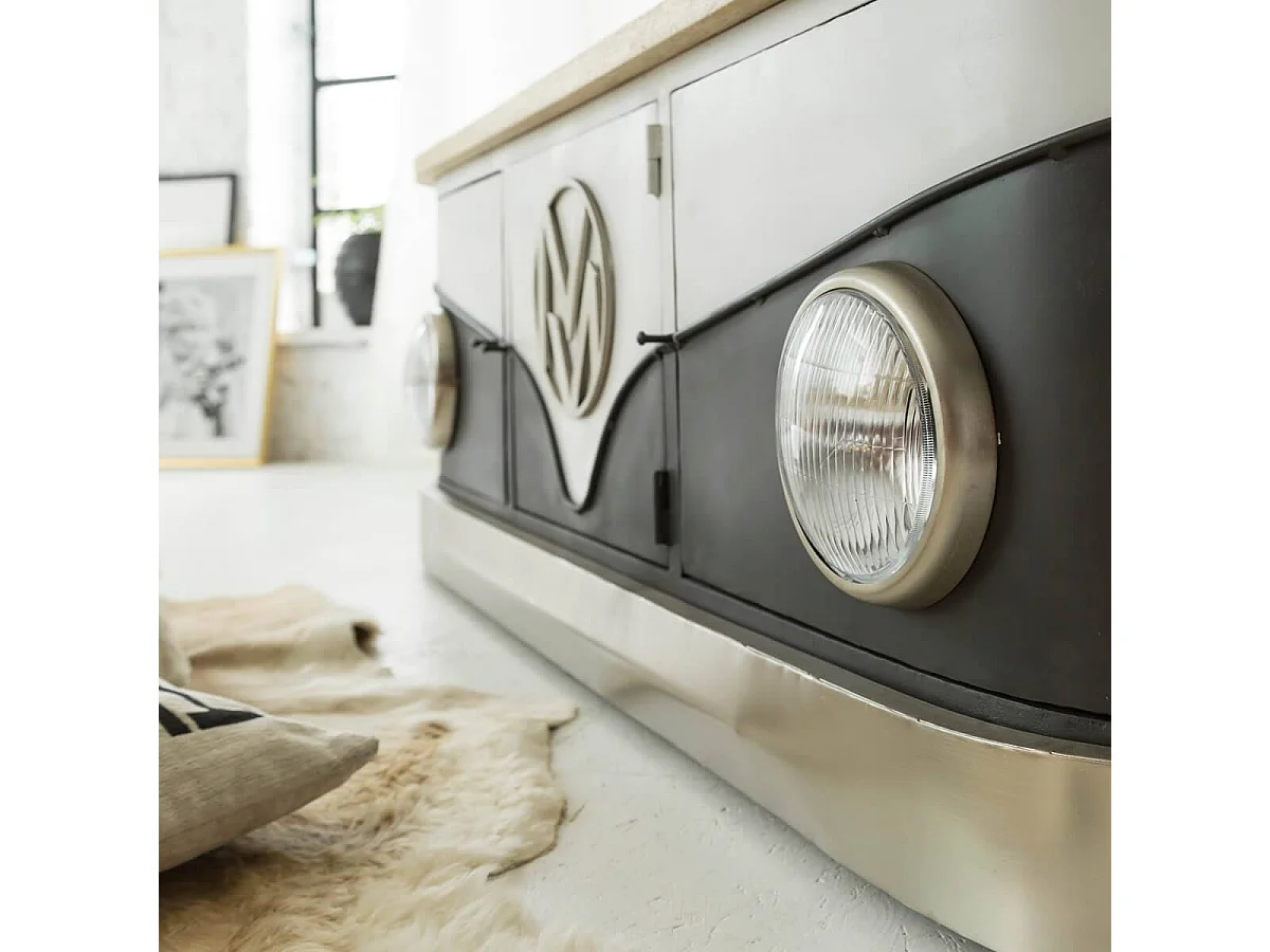 Meuble TV noir avec plateau en bois de manguier Combi