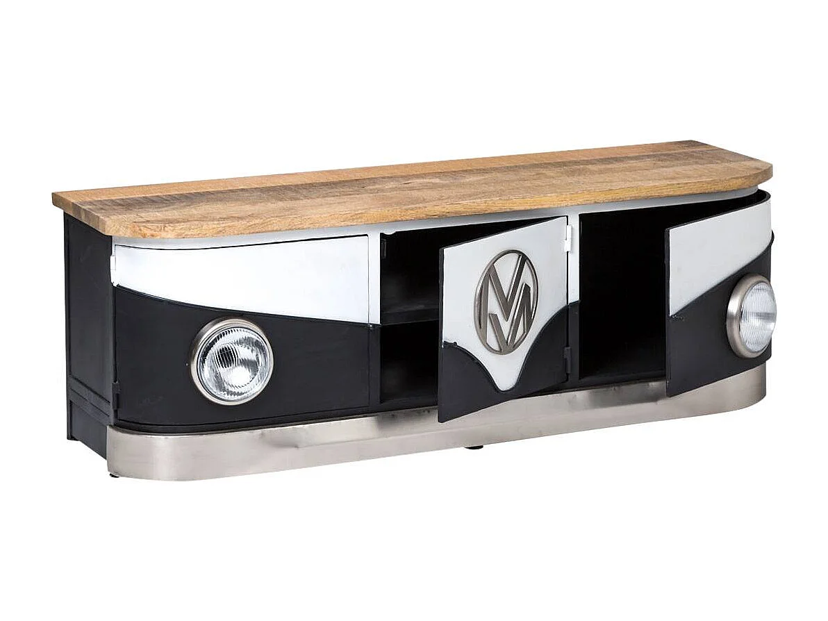 Meuble TV noir avec plateau en bois de manguier Combi