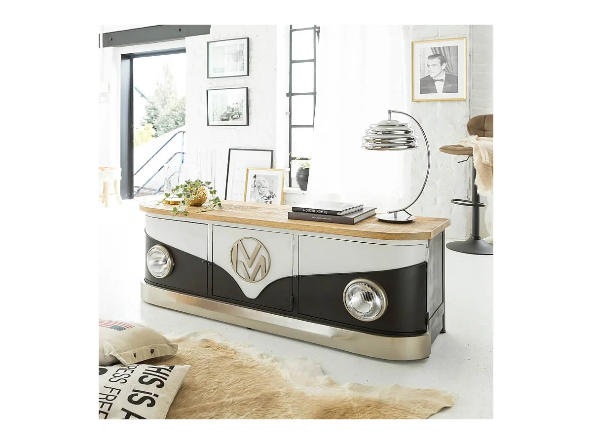 Mueble TV industrial negro con tablero de madera de mango Combi