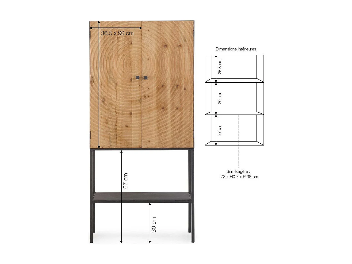 Buffet industrial de pino y metal Rondin con 2 puertas y estantes fijos