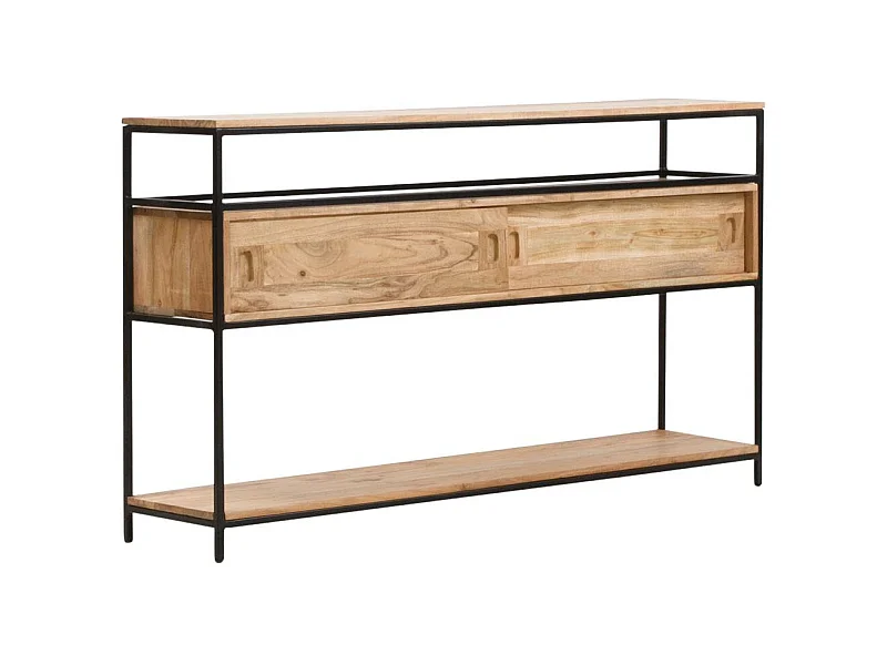 Consola industrial de madera de acacia y metal Montréal con almacenamiento y puertas correderas