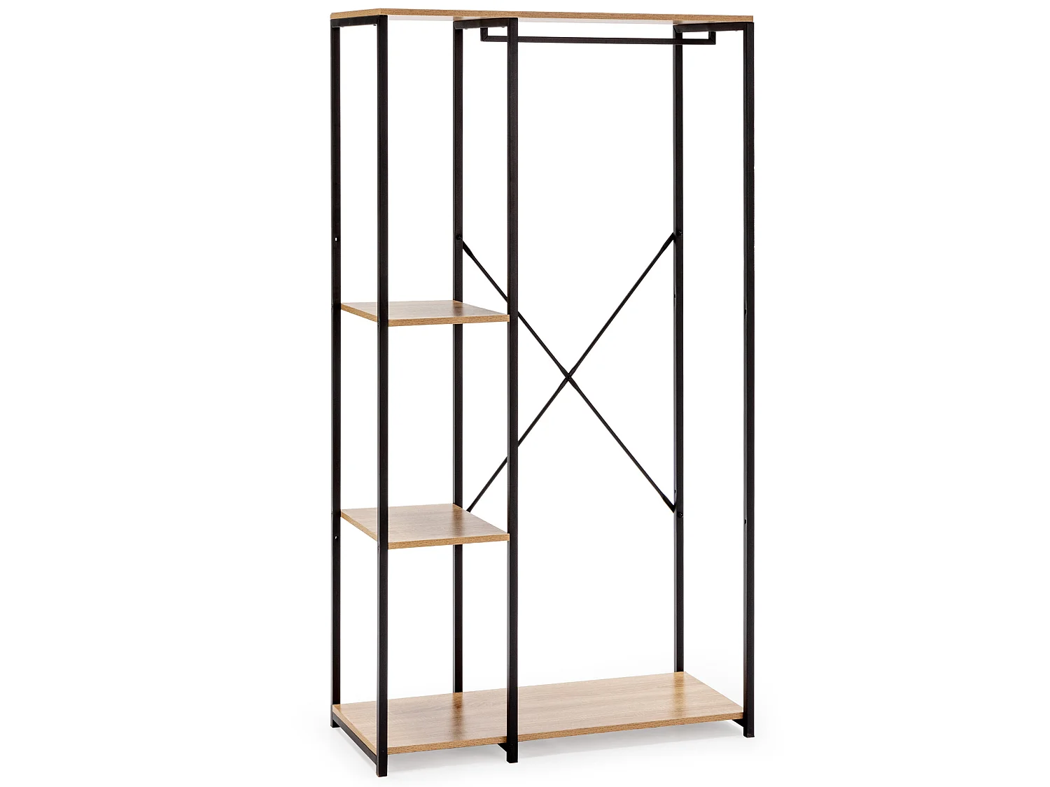 Perchero Lola con banco 3 estantes, color roble/negro, 167 cm altura
