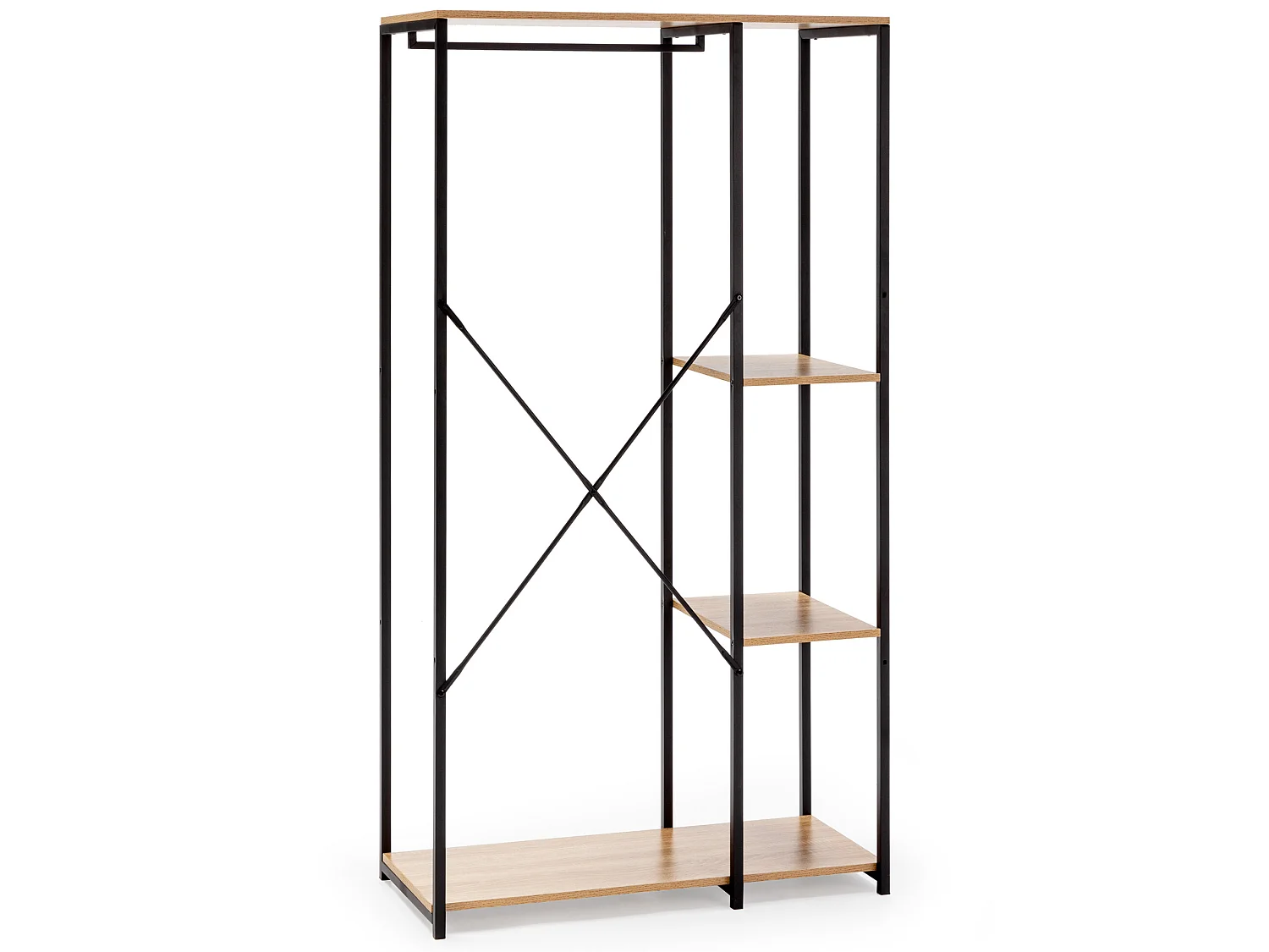 Perchero Lola con banco 3 estantes, color roble/negro, 167 cm altura