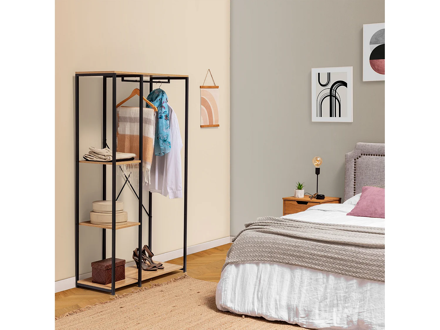 Perchero Lola con banco 3 estantes, color roble/negro, 167 cm altura