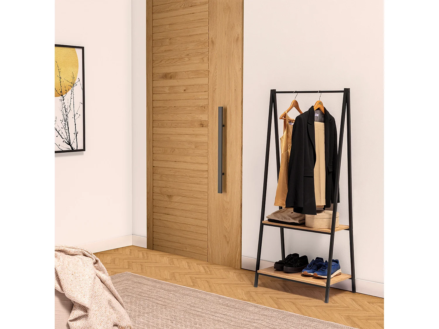 Perchero Carla 2 estantes 1 barra, color roble/negro, 150 cm altura