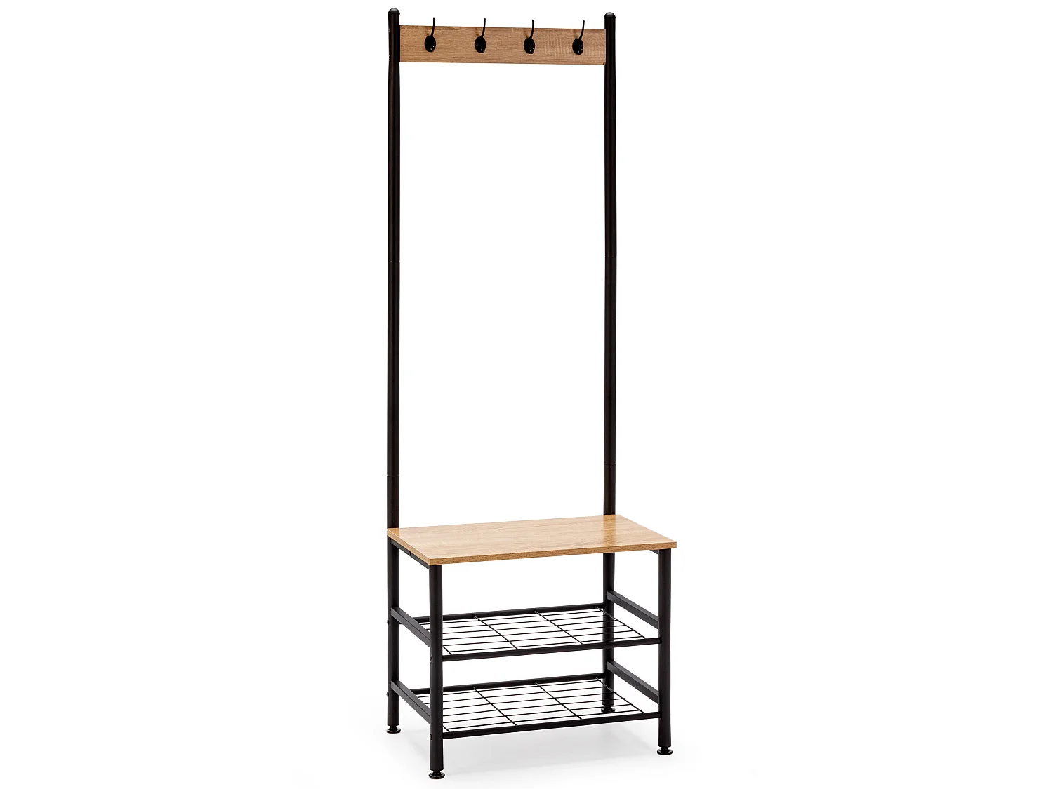 Perchero Lisa con banco 2 estantes, color roble/negro, 175 cm altura