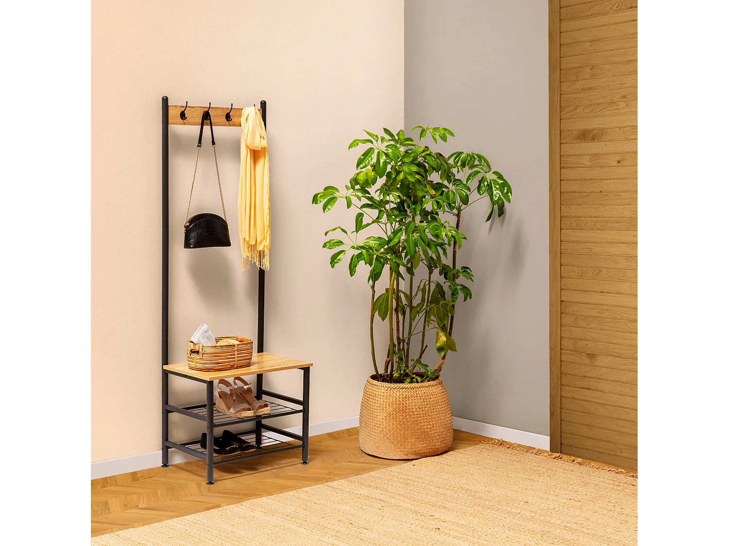 Perchero Lisa con banco 2 estantes, color roble/negro, 175 cm altura