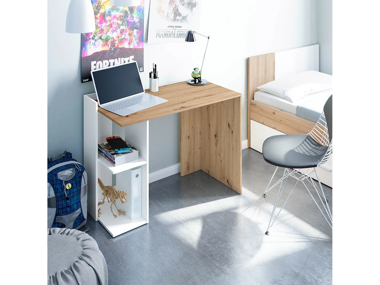 Mesa de escritorio Llanes 2 huecos, madera/blanco, 100 cm