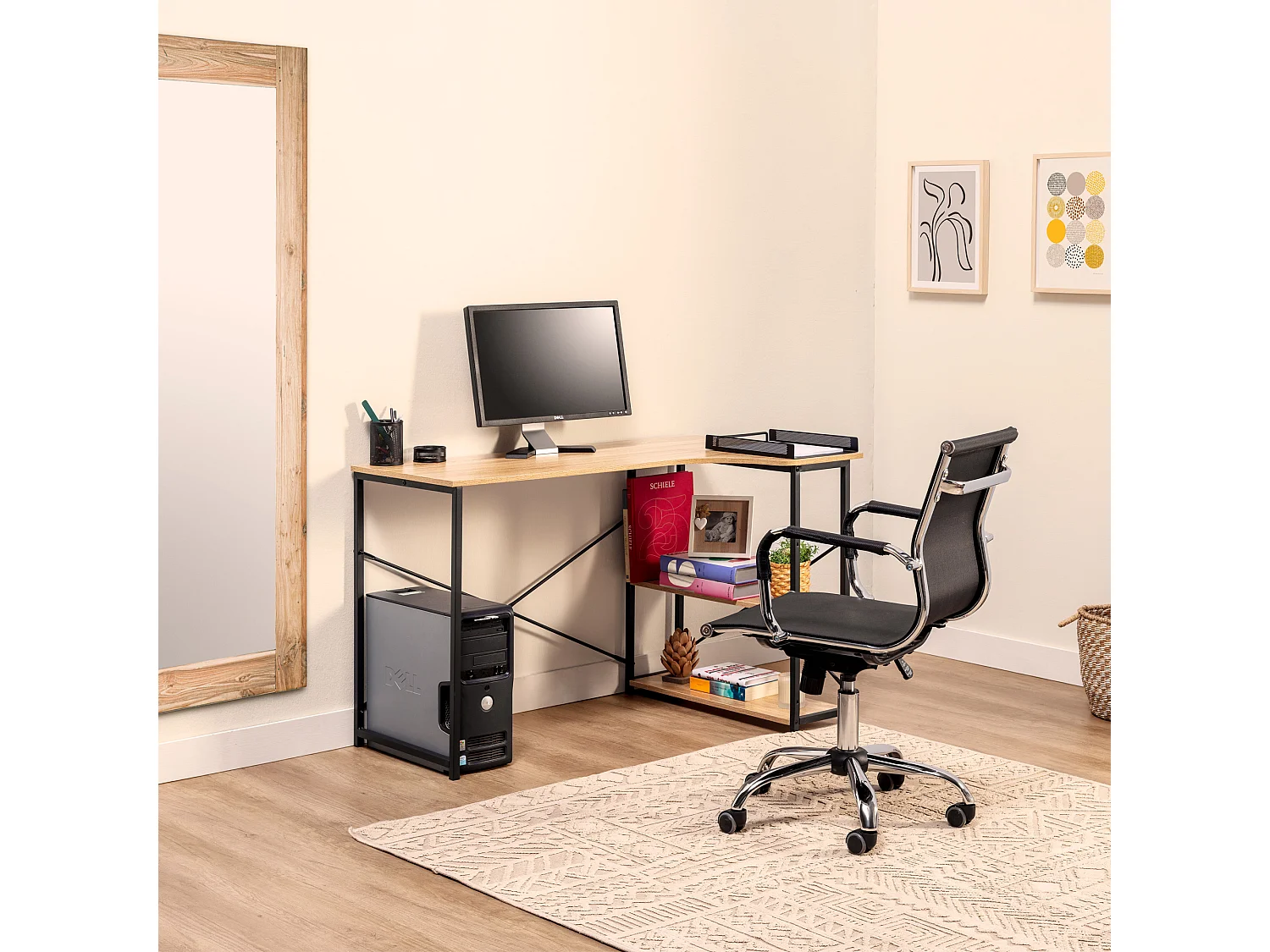 Bureau Juani noir, 2 étagères, style industriel, 120 cm longueur