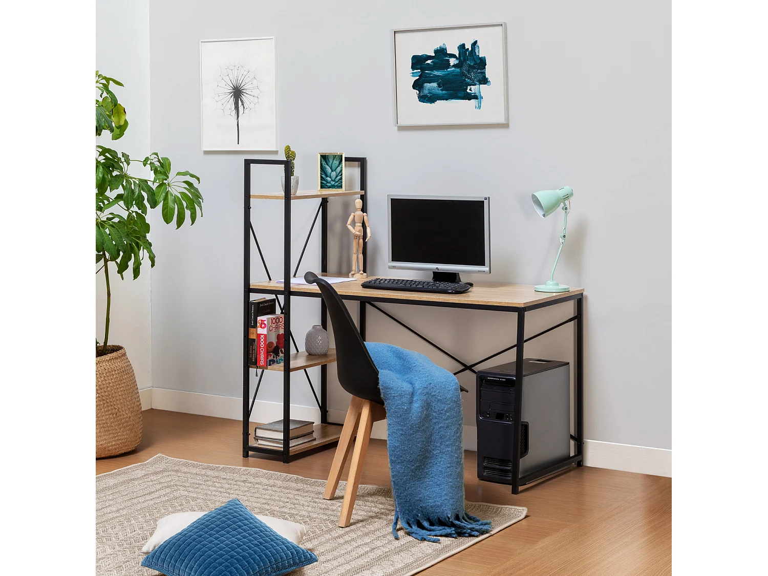 Bureau Lidia met 3 zwarte planken, industriële stijl, 120 cm.