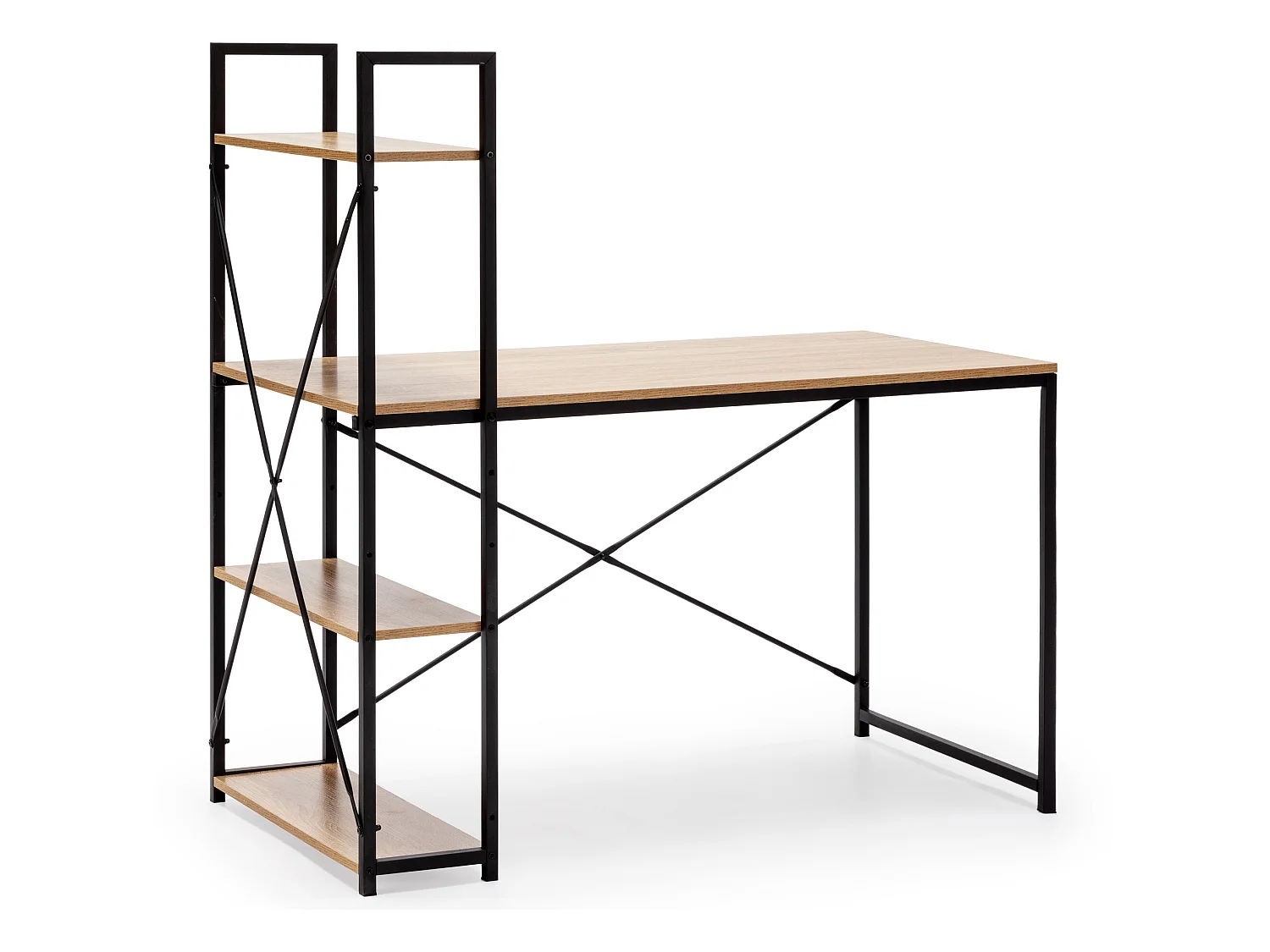 Bureau Lidia noir, 3 étagères, style industriel, 120 cm longueur