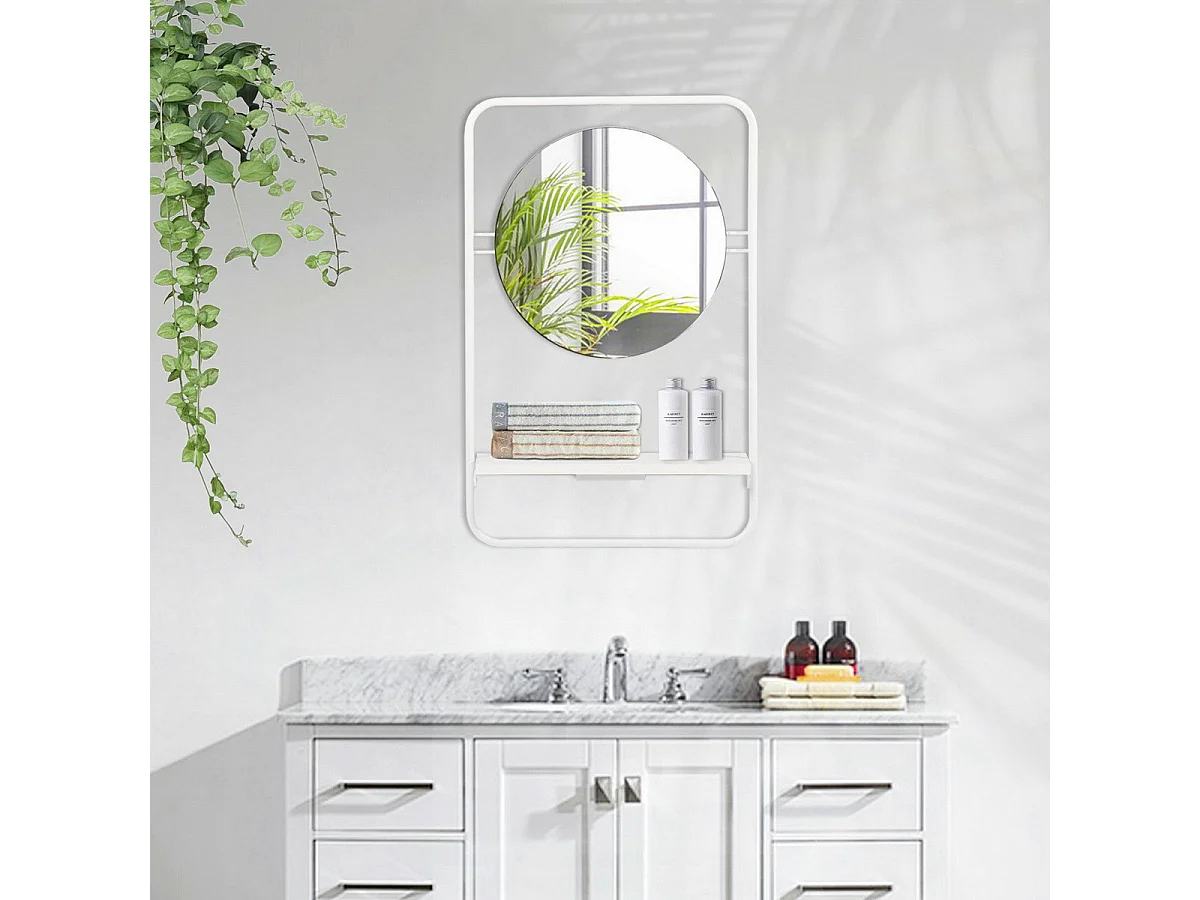 Miroir mural blanc rond et moderne avec étagère HAGAN WHITE