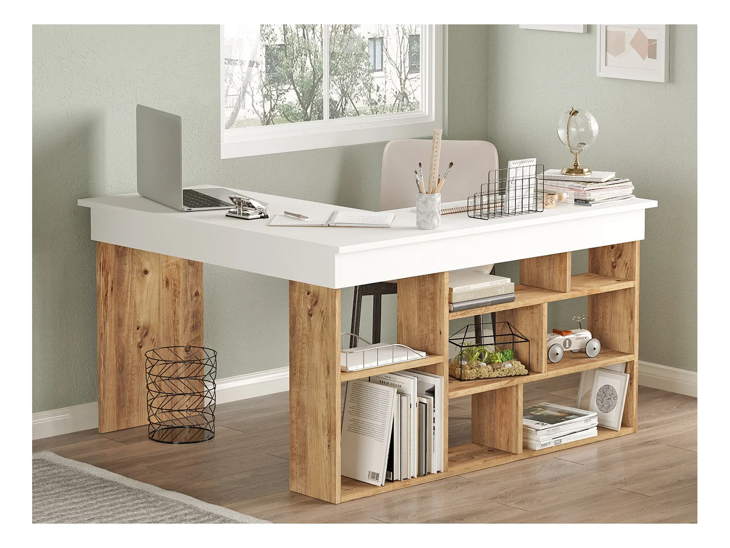 Escritorio rinconera con compartimentos - Color: blanco y natural - LILEUL