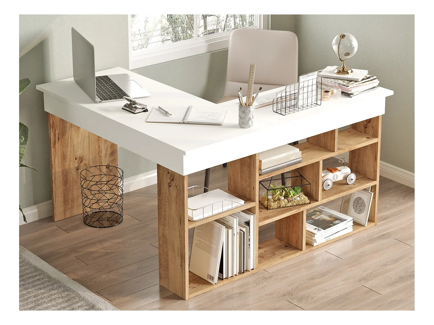 Escritorio rinconera con compartimentos - Color: blanco y natural - LILEUL