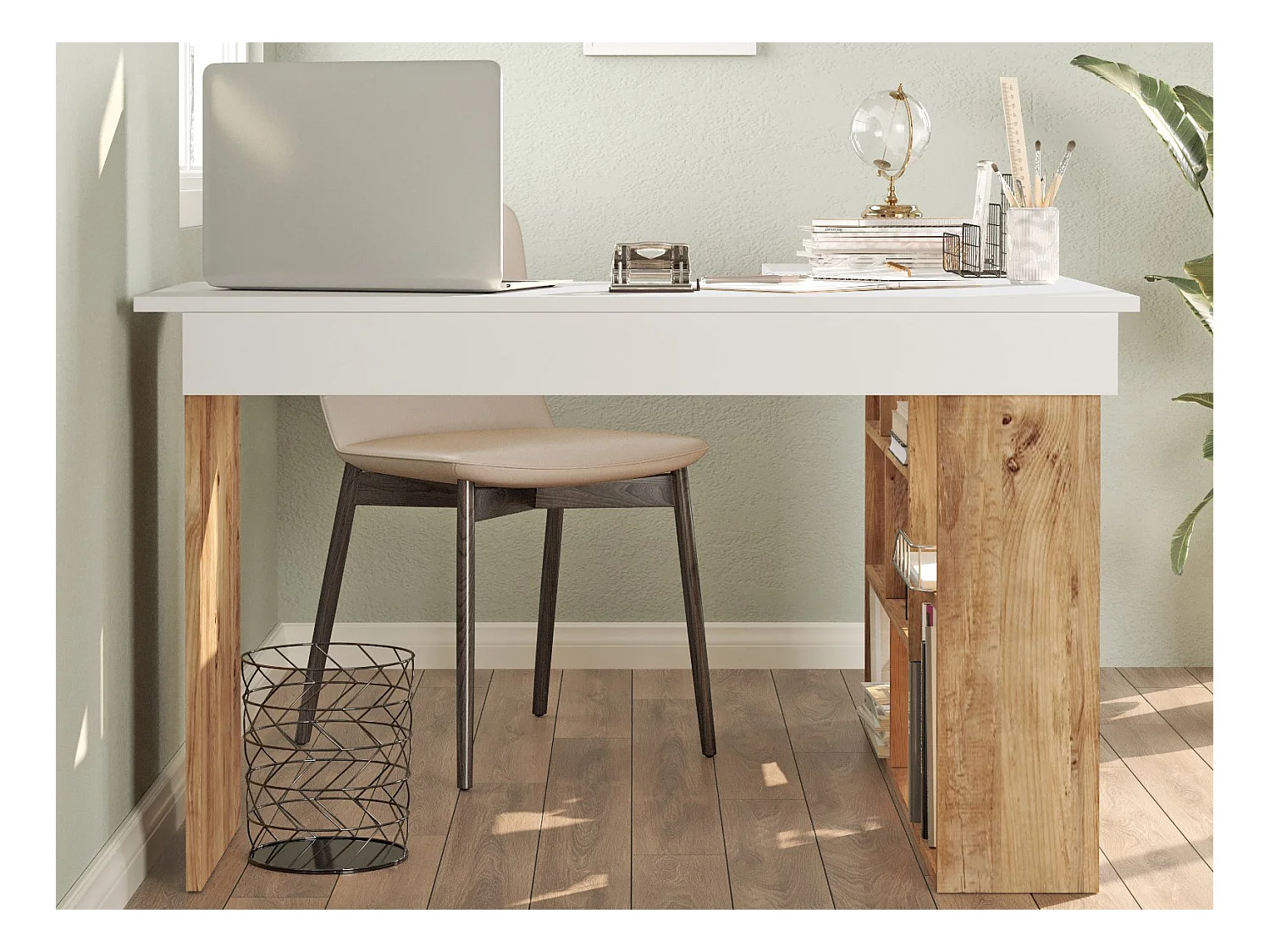 Escritorio rinconera con compartimentos - Color: blanco y natural - LILEUL