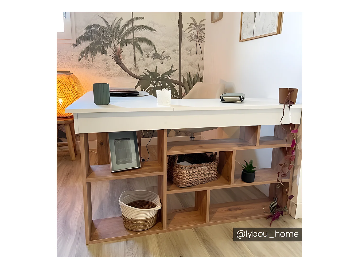 Escritorio rinconera con compartimentos - Color: blanco y natural - LILEUL