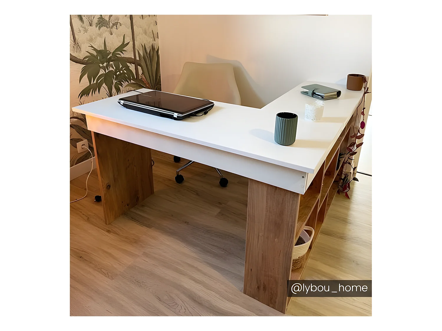 Escritorio rinconera con compartimentos - Color: blanco y natural - LILEUL