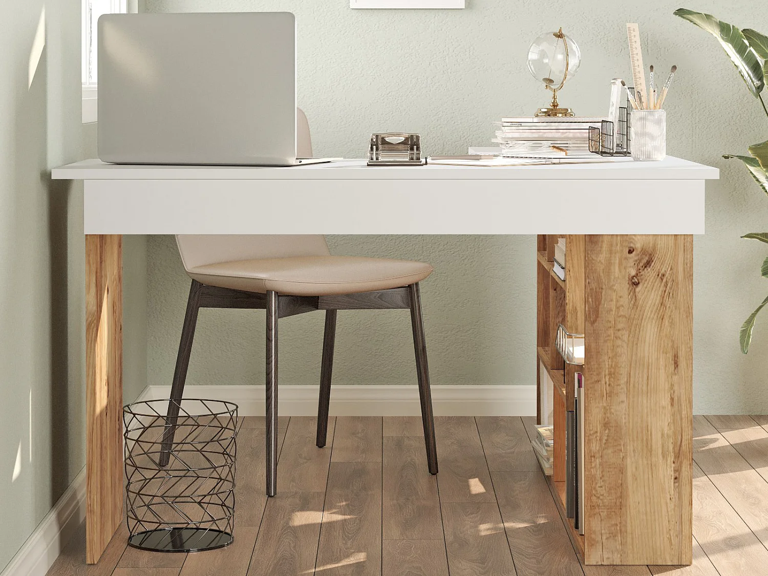 Bureau d'angle avec rangements - Coloris : Blanc et naturel - LILEUL