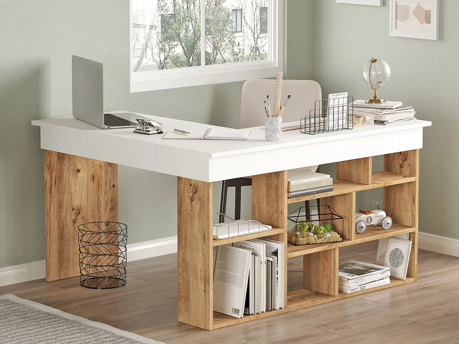 Bureau d'angle avec rangements - Coloris : Blanc et naturel - LILEUL
