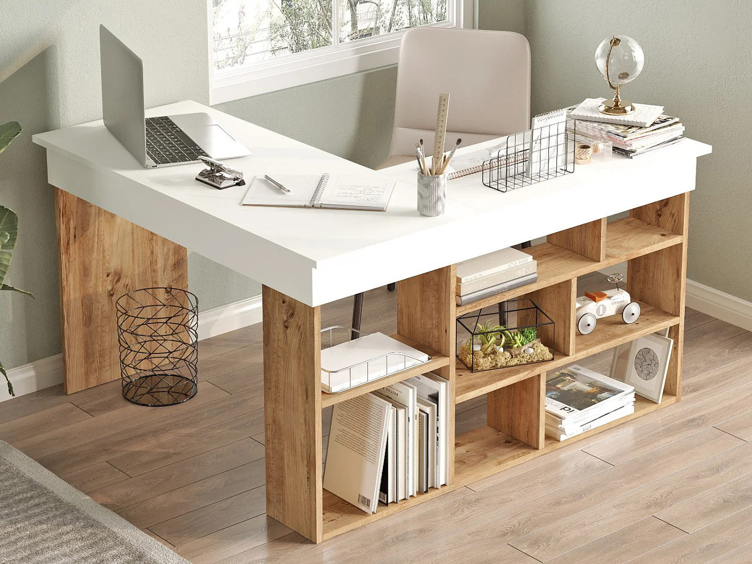 Bureau d'angle avec rangements - Coloris : Blanc et naturel - LILEUL