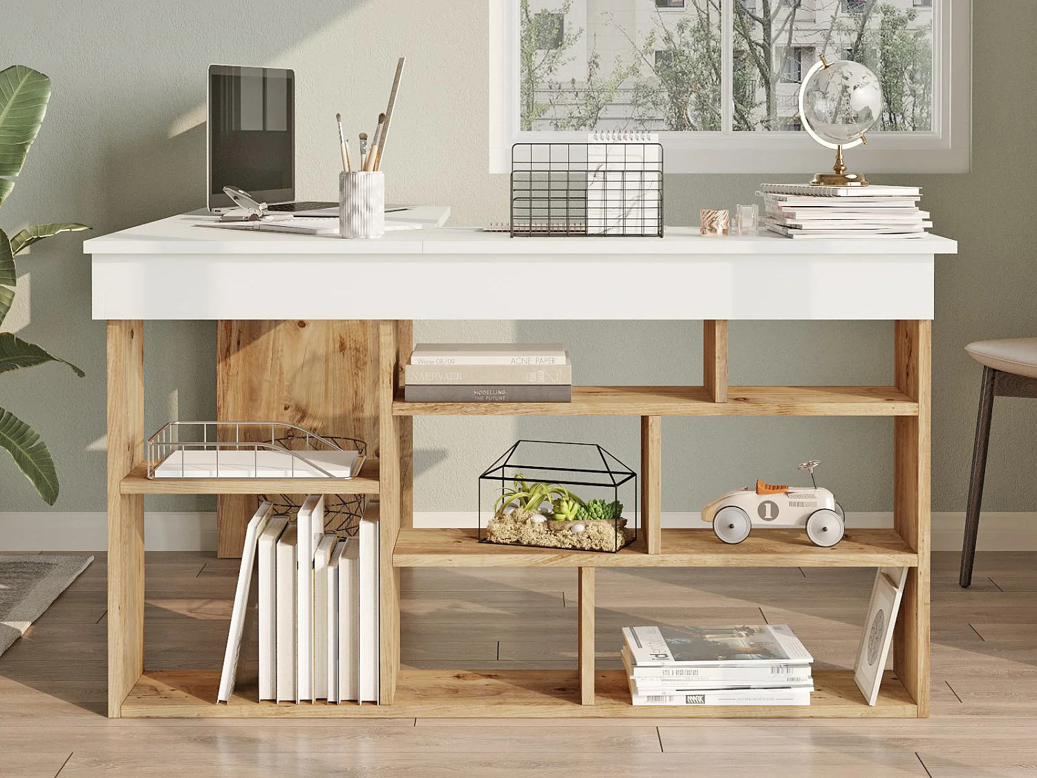 Bureau d'angle avec rangements - Coloris : Blanc et naturel - LILEUL