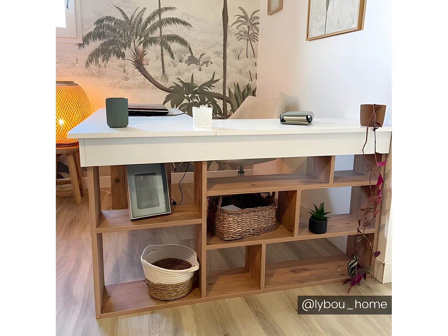 Bureau d'angle avec rangements - Coloris : Blanc et naturel - LILEUL