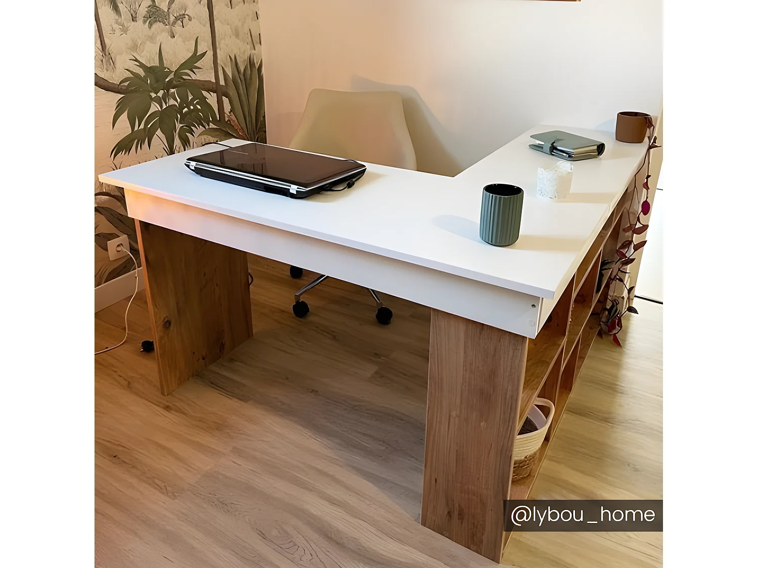 Bureau d'angle avec rangements - Coloris : Blanc et naturel - LILEUL
