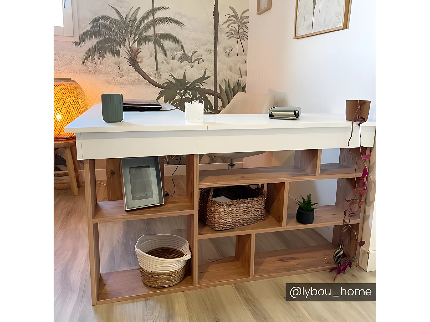 Bureau d'angle avec rangements - Coloris : Blanc et naturel - LILEUL