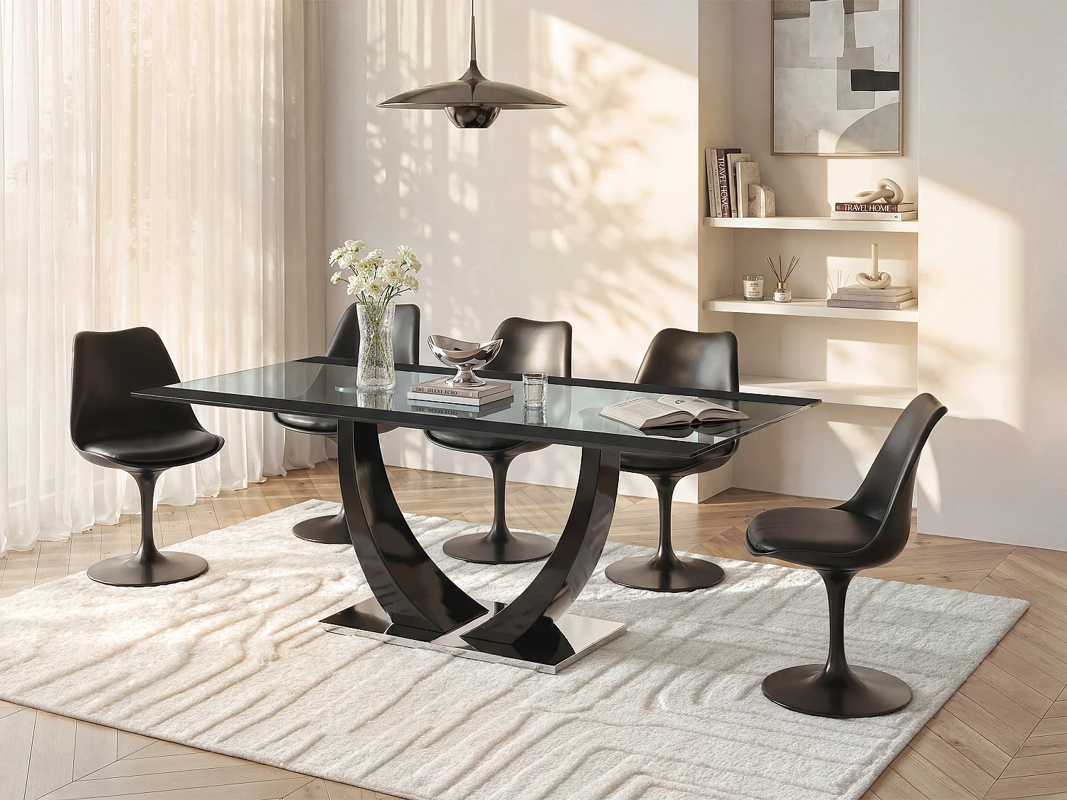 Mesa de comedor 8 comensales de MDF, cristal templado y acero inoxidable - Negro - MEZZO II