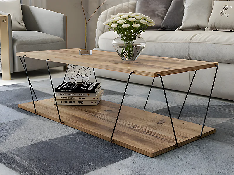 Salontafel met 1 plank - Kleuren: Naturel en zwart - DELORY