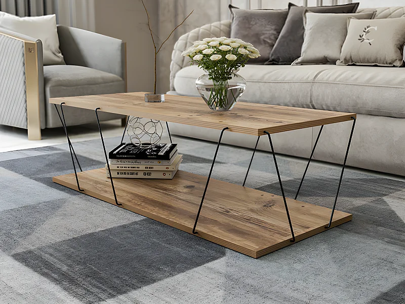Table Basse Ronde Relevable Avec Bande LED Et Prises USB - Style Industriel Bois Chêne, Rangement Intégré - Diamètre 80cm
