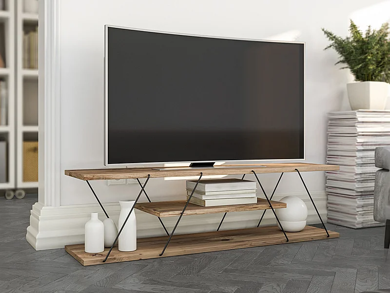 Móvel de TV com 2 prateleiras cor natural e preto - DELORY