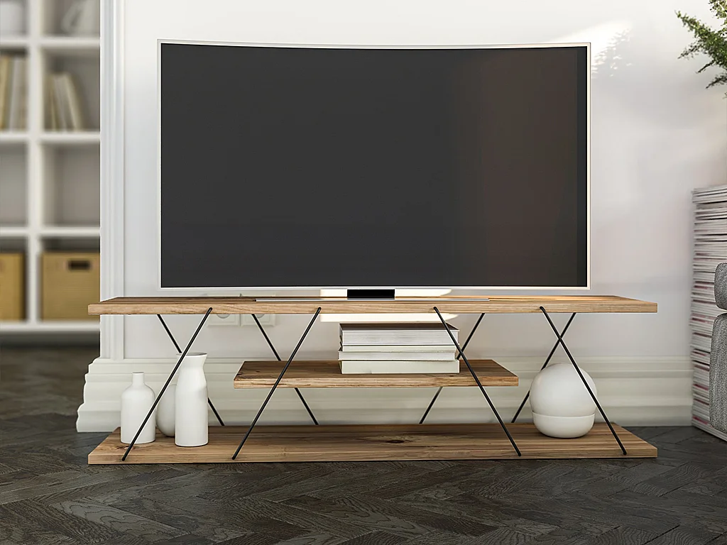 Mueble TV con 2 estanterías - Natural y negro - DELORY
