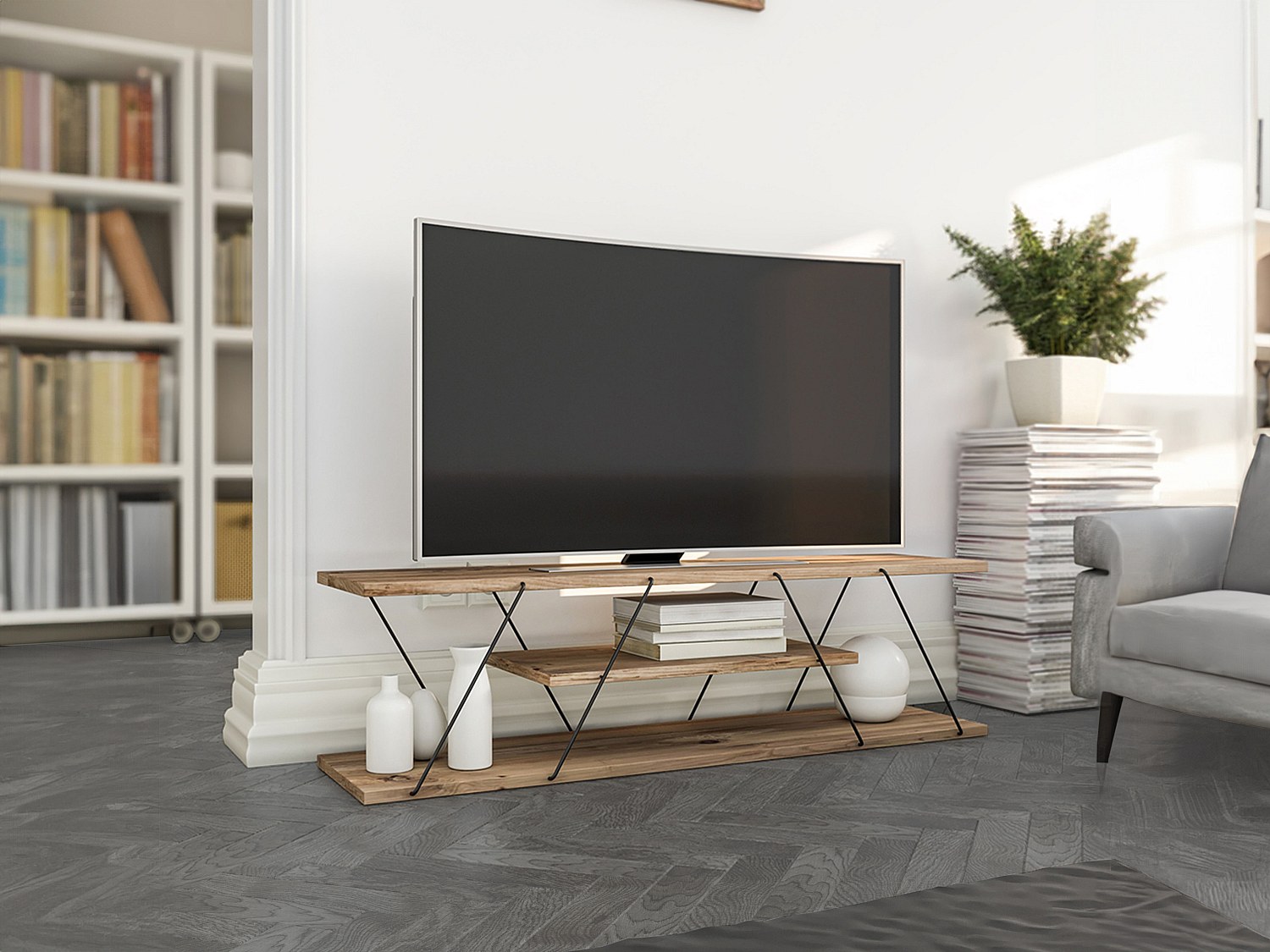 Vente-unique Tv-Möbel Mit 1 Ablage - Naturfarben & Schwarz - Delory