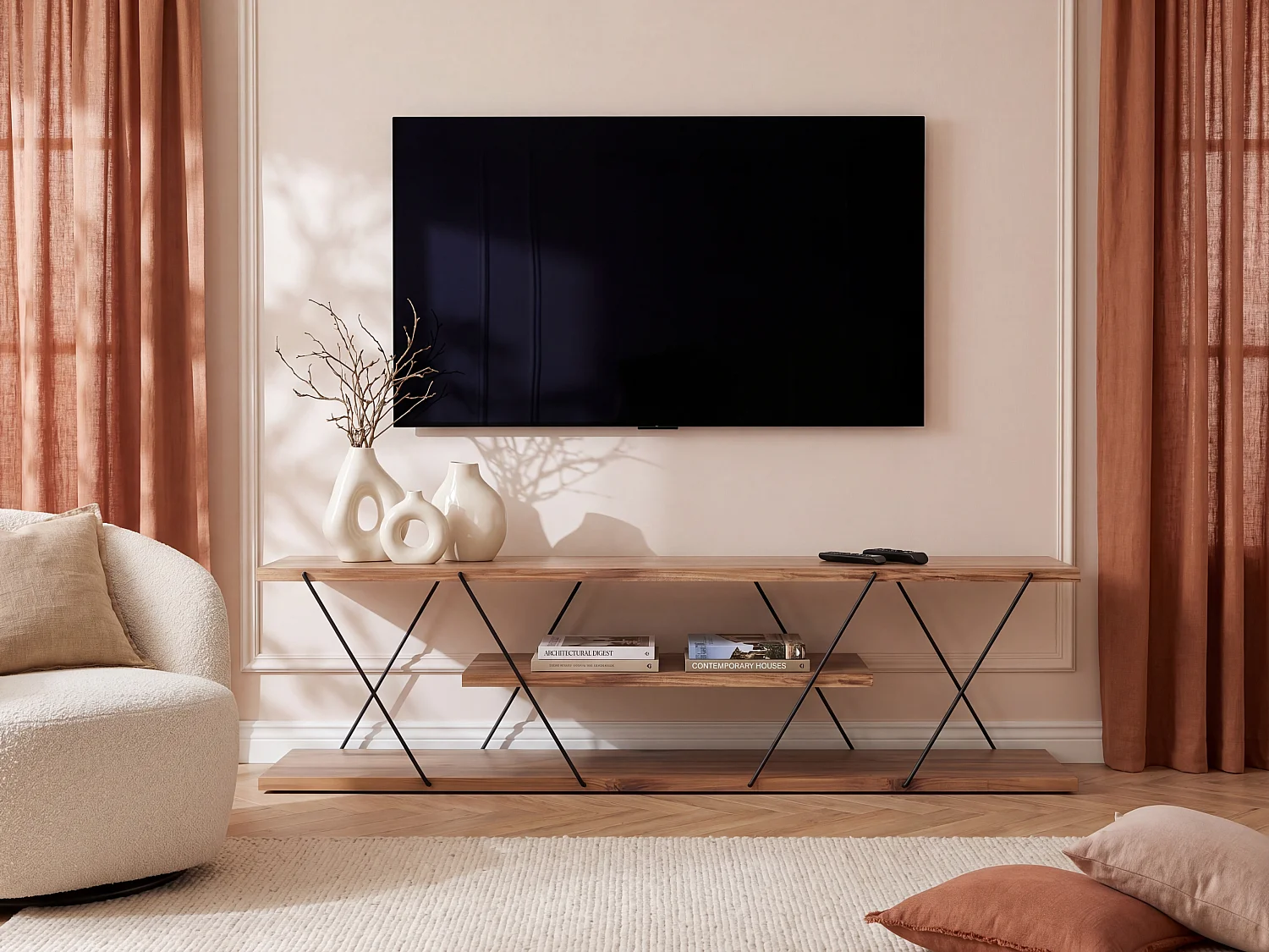 Meuble TV avec 1 étagère - Naturel et noir - DELORY