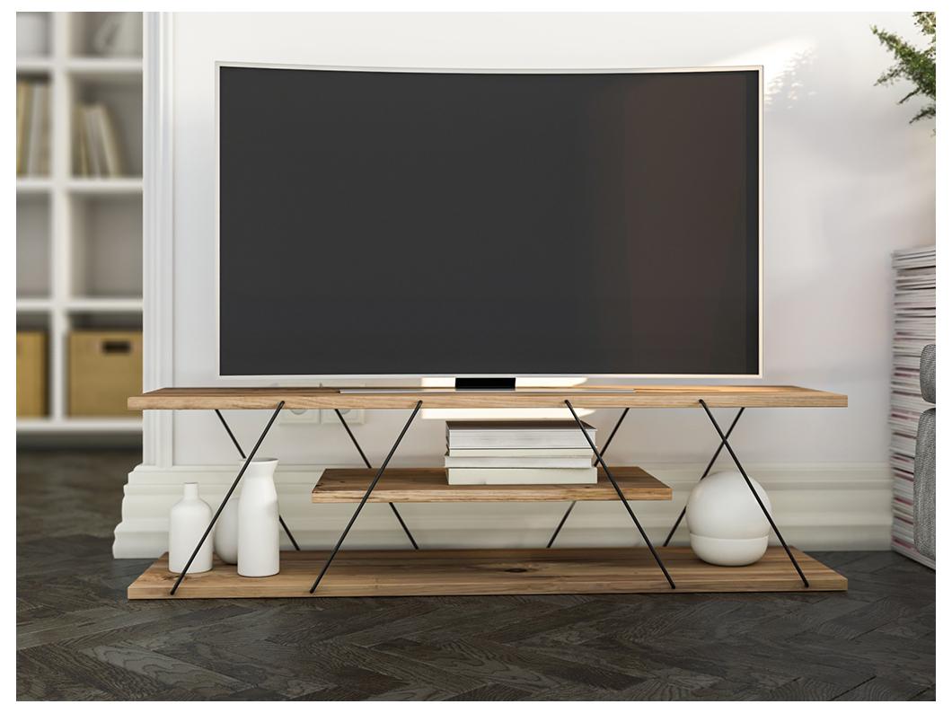 Meuble TV avec 1 étagère - Naturel et noir - DELORY