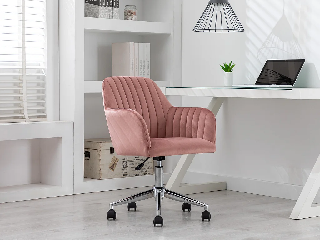 Chaise de bureau - Velours - Rose et argenté - Hauteur réglable - ELEANA