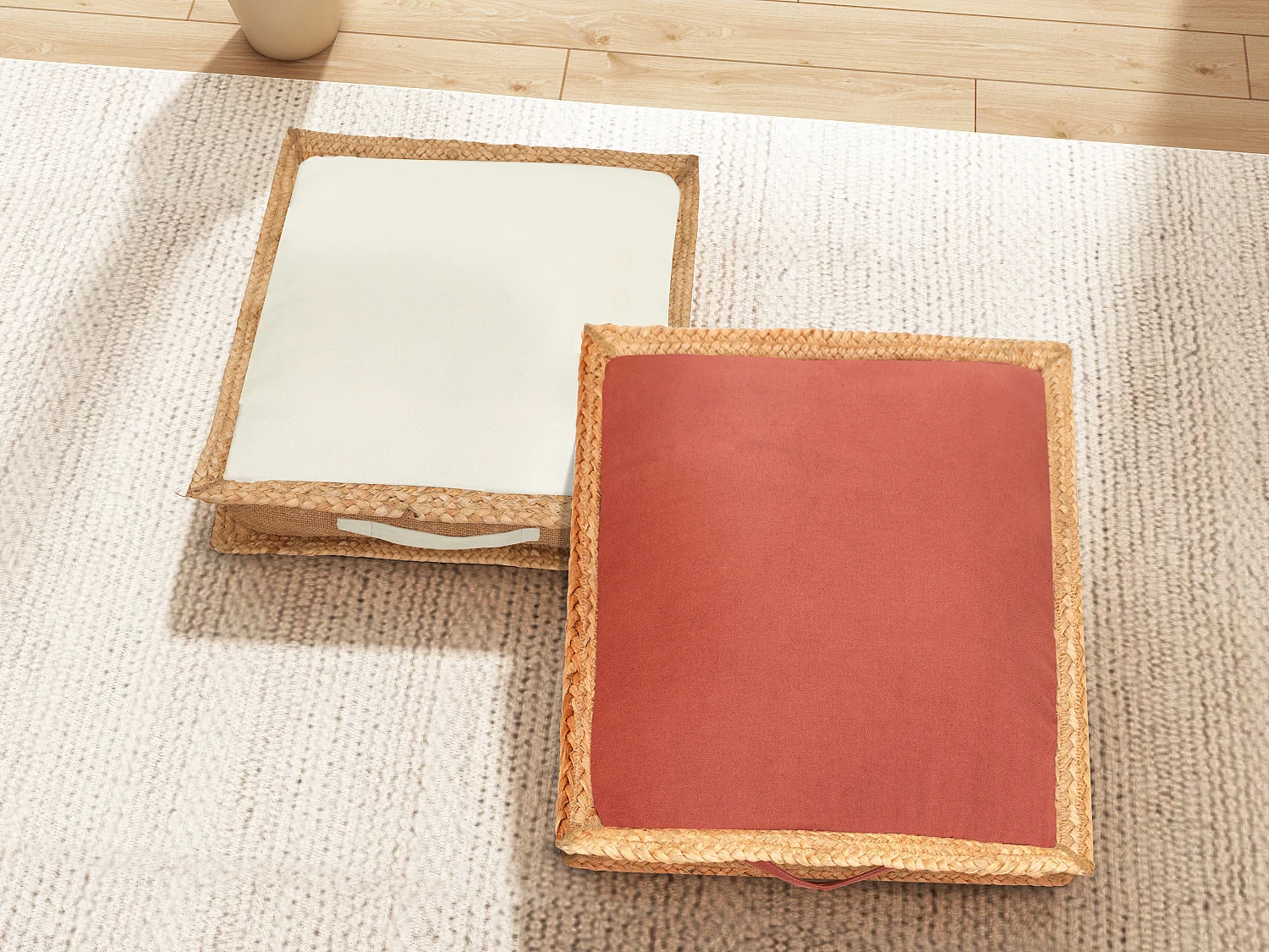 Coussin de sol en coton et jute - 45 x 45 cm - Blanc et naturel - PERUVIA