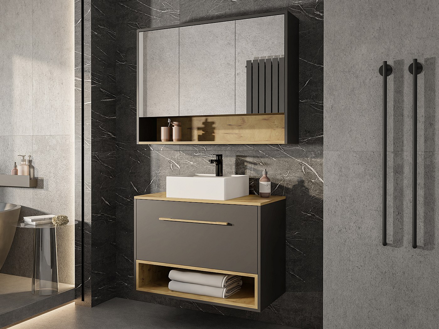 Mobile Sottolavabo Beatrice Per Bagno - Antracite/Sonoma 80x64cm Con Ante E Ripiani - Foto 8