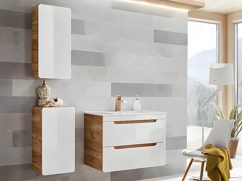 Mueble de baño color natural y blanco Ancho 35 x Prof. 22 x Alt. 75 cm - ARUBA