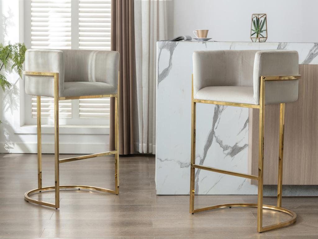 Barhocker - Samt & Edelstahl - Beige & Gold - PERIA von Pascal MORABITO günstig online kaufen