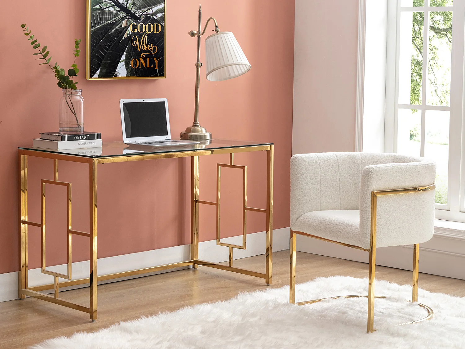 Chaise avec accoudoirs - Tissu bouclette et acier inoxydable - Blanc et doré - PERIA de Pascal MORABITO