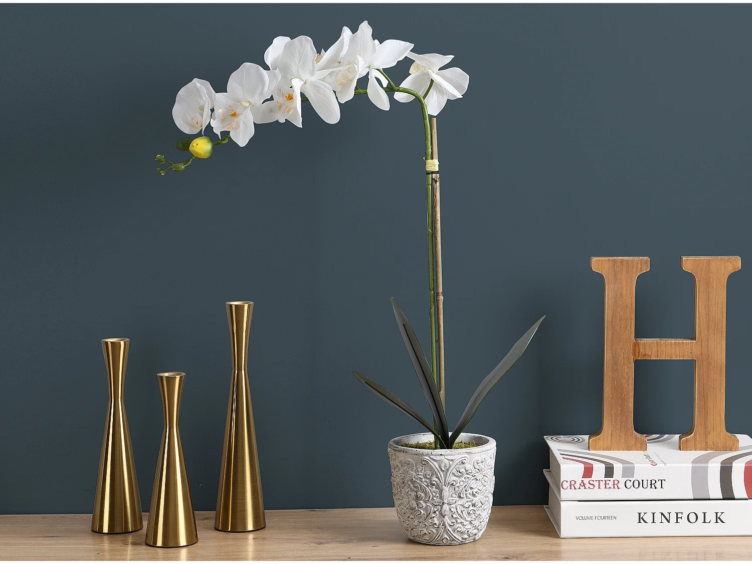 Pianta artificiale orchidea H.60 con vaso in Cemento Bianco - FLORA