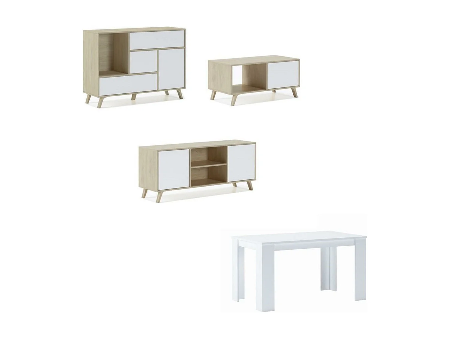 Ensemble Wind, Salon, Buffet-Meuble TV- Table basse-Table, Chêne/Blanc